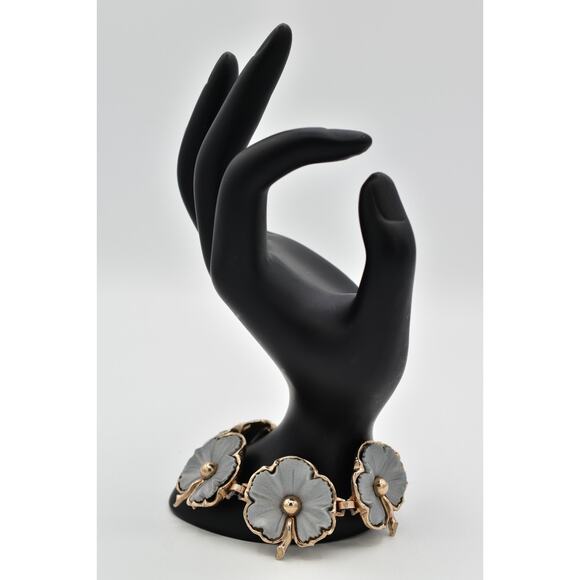 Vintage 7.5" Flower Bracelet Linked Chain Matte Gray Chunky Gold Tone 1960s BinO - Picture 5 of 12